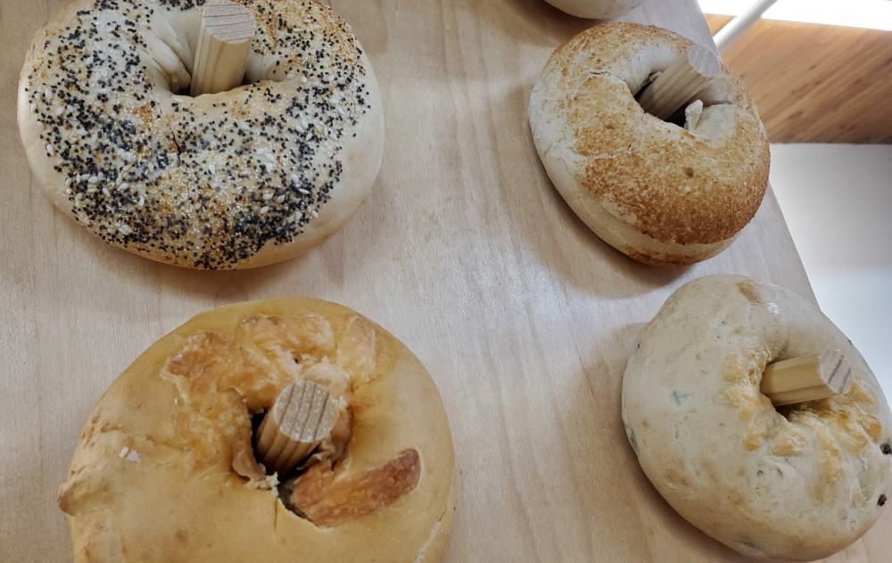 Display bagels at Alaska Bagel.