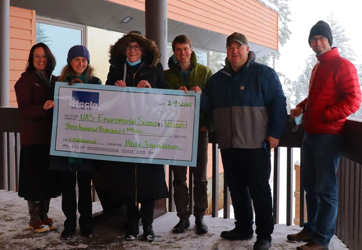 Left to right: Heather Nelson, Sonia Nagorski, UAS Chancellor Karen Carey, Prof. Eran Hood, Martin Stearns, Jason Amundson