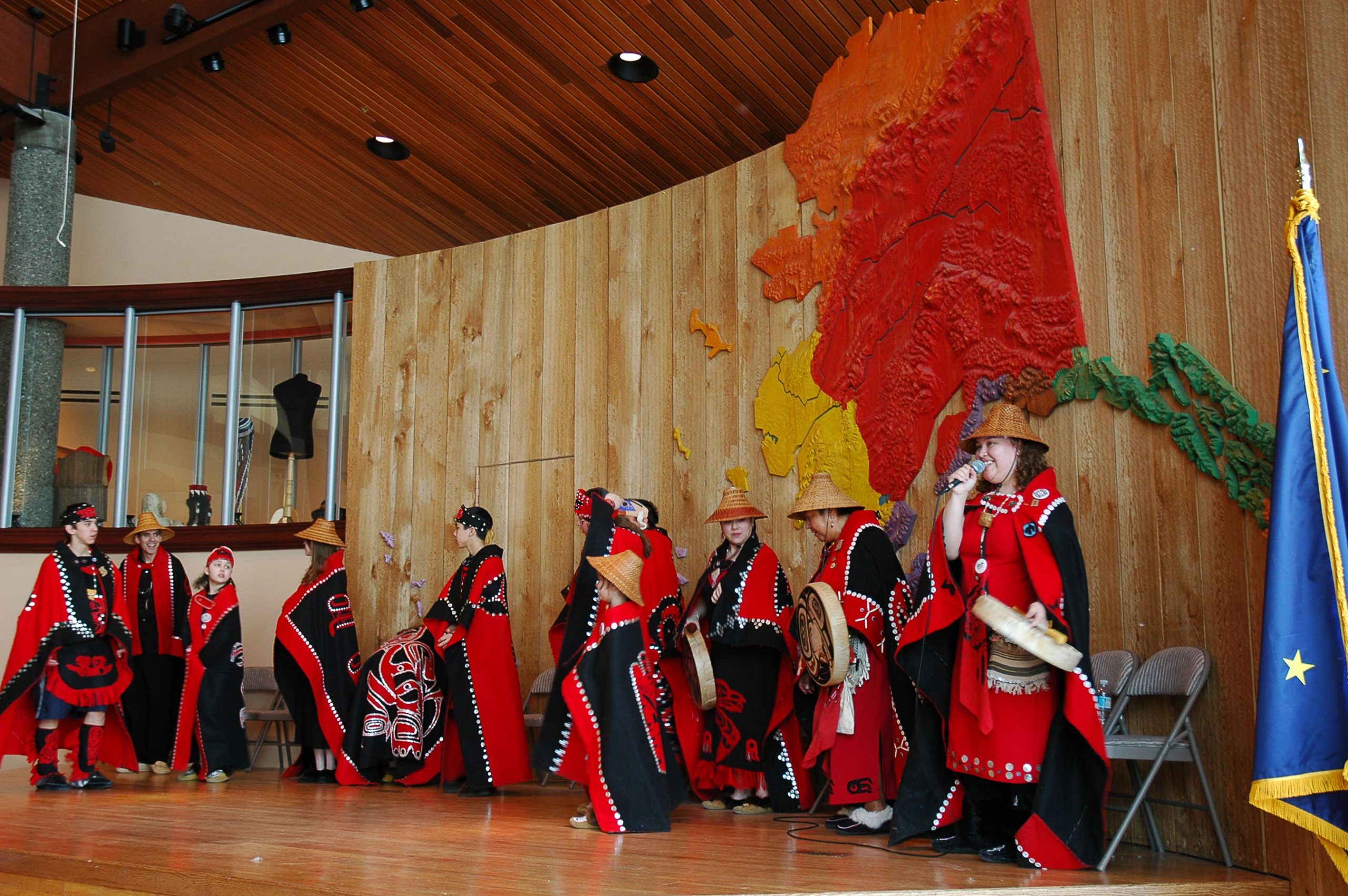 dreamstime_m_141233386 Tlingit dancers in robes at Alaska Native Heritage Center