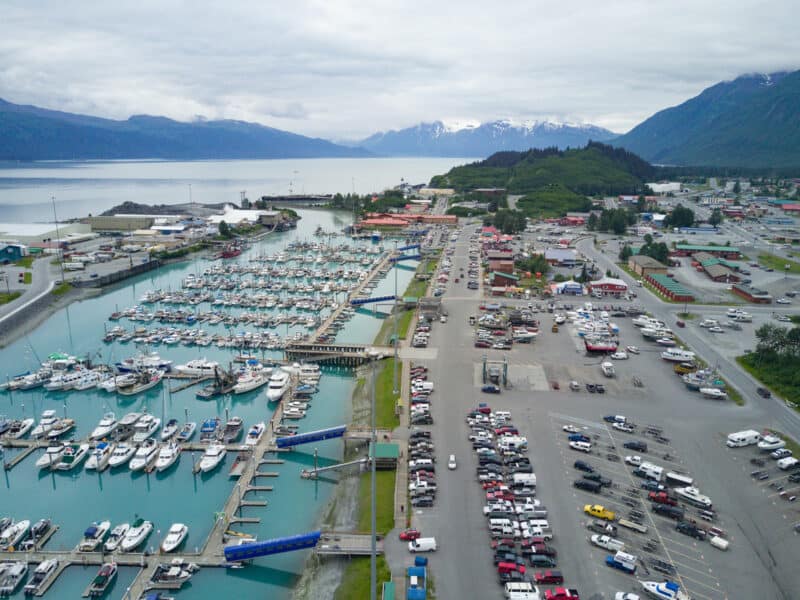 Aerial view of Valdez Alaska harbor and town
