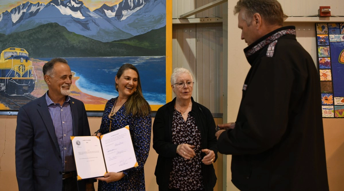 Left to right: Senate President Peter Micciche, Alaska Railroad External Affairs Director Christy Terry, House Speaker Louise Stutes of Kodiak and Governor Mike Dunleavy