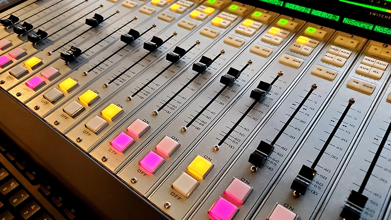 The mixing board in the studio of 100.5 The Fox in Anchorage