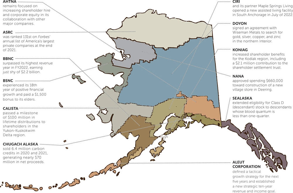 A map of the twelve ANCSA regional corporations