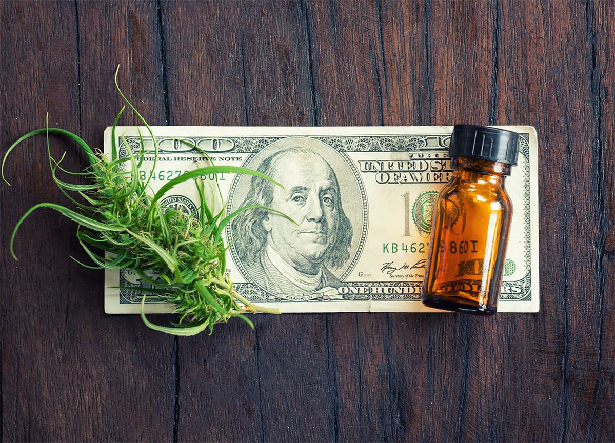 cannabis with cannabidiol (cbd) extract on hundred dollar banknote